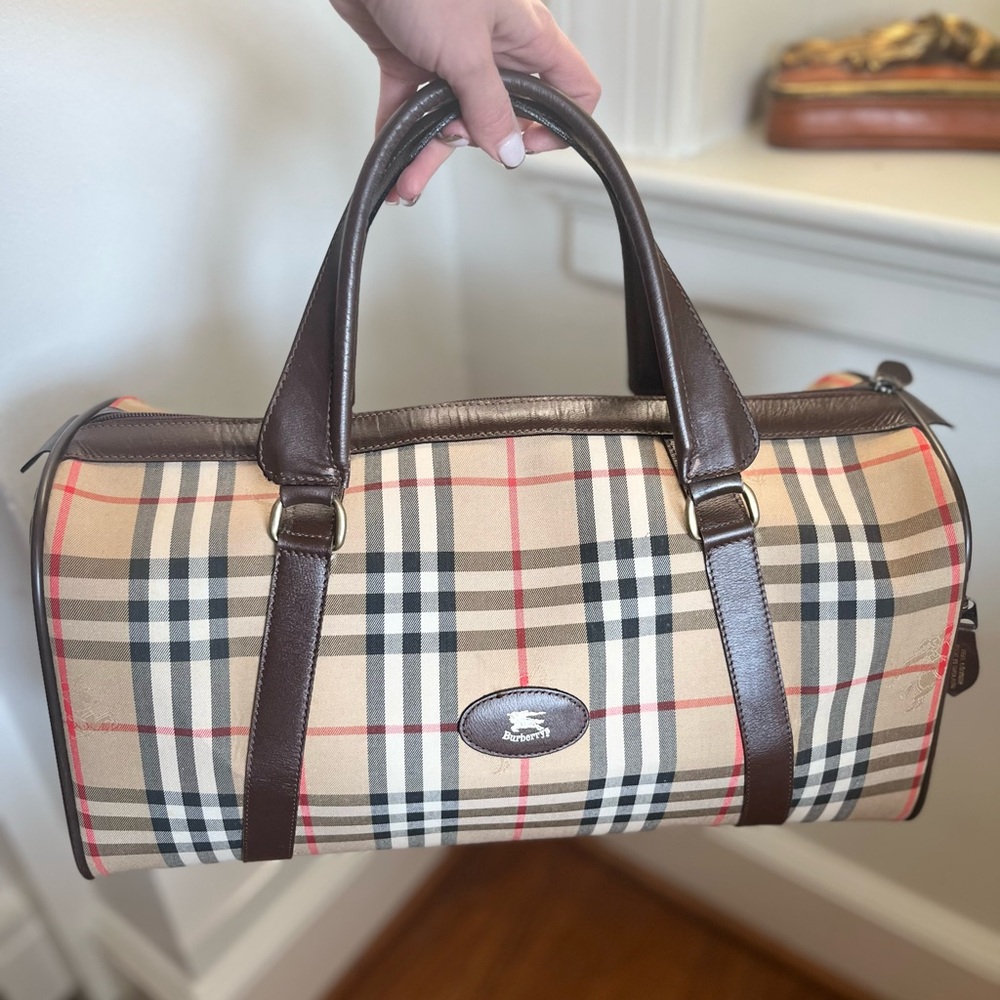 Vintage EUC Burberrys Nova Check Boston Bag Canvas Beige and Brown Leather